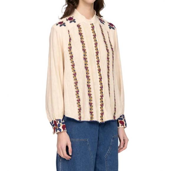 NEW SEA nan silk embroidery pintucked top in beige - Picture 2 of 5